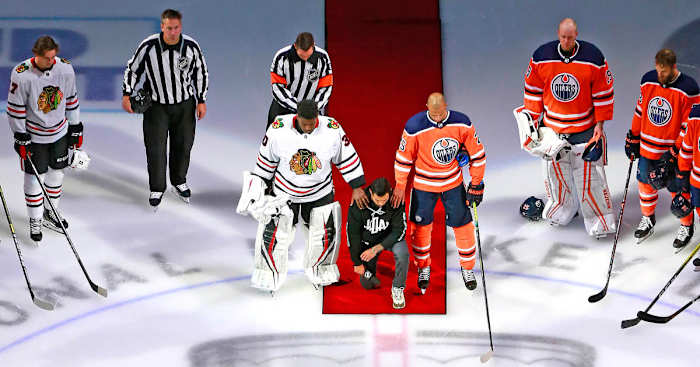 IN THE BUBBLE The HDA’s Dumba delivered a pregame speech after Blake’s shooting and became the first NHL player to kneel during the U.S. anthem.